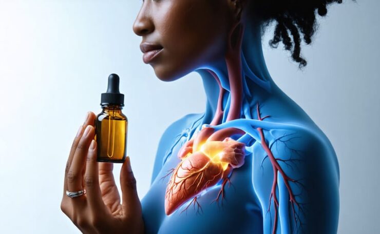 A conceptual image showing a woman holding a CBD oil bottle near her heart, with an anatomical heart illustration overlaid, representing CBD's connection to heart health.