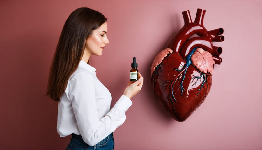 Illustration showing CBD's interaction with heart health, featuring a woman and anatomical heart diagram