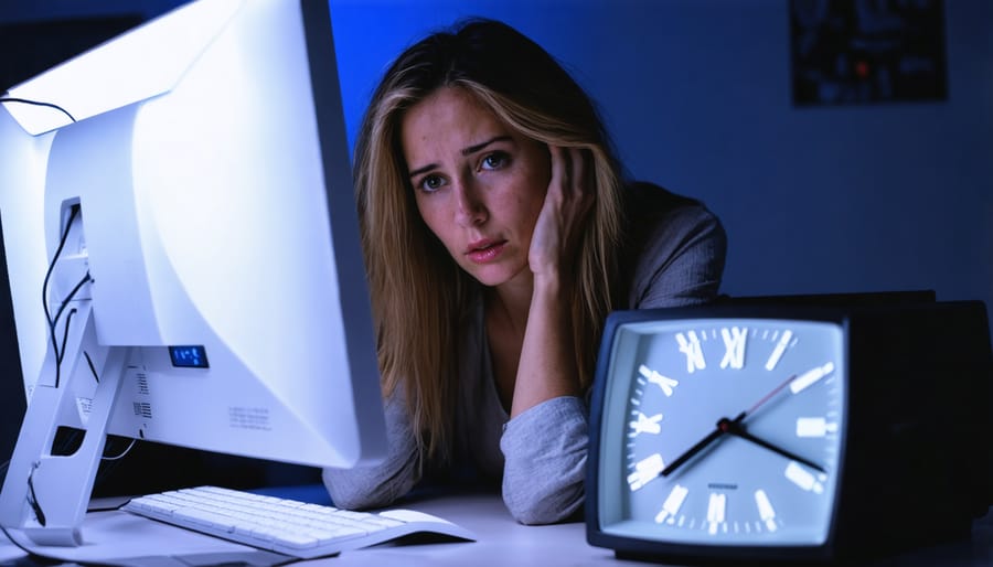 Exhausted woman gambling online during late hours with visible clock showing 3:00 AM