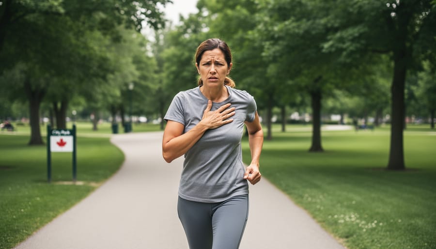 Woman holding her chest outdoors in a Canadian park