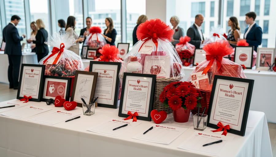 Charity auction display table with curated items and heart-themed fundraising accessories in a banquet setting