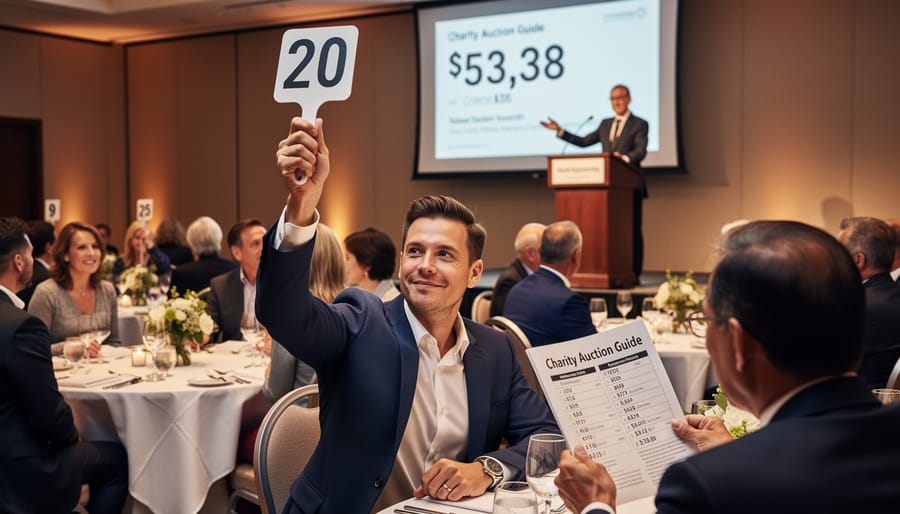 Person’s hands holding an auction paddle above a bid folder during a charity event