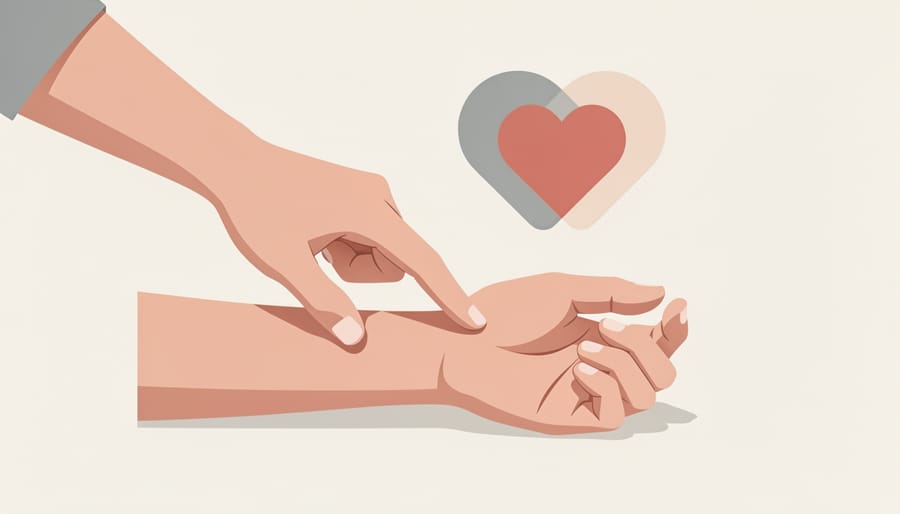 Close-up of hands checking an adult woman’s pulse at the wrist