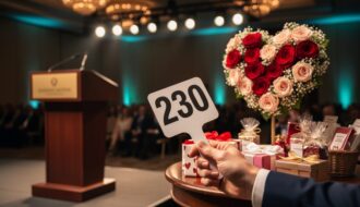 Donor’s hand holding a bid paddle near an auction podium in a charity event space, with a heart-shaped floral centerpiece in the background.