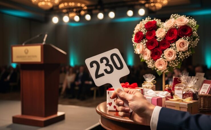 Donor’s hand holding a bid paddle near an auction podium in a charity event space, with a heart-shaped floral centerpiece in the background.