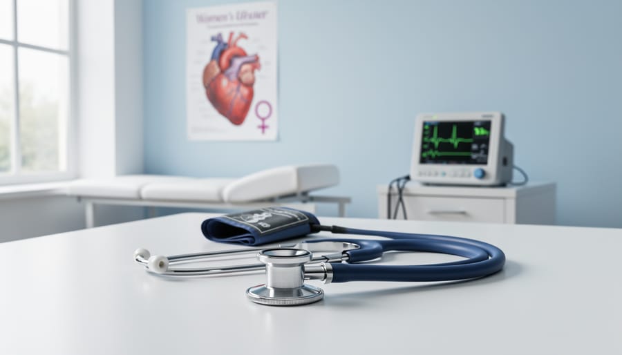 Stethoscope and clinical items on a table in a softly lit healthcare setting