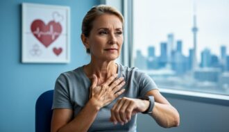 Canadian woman in a clinic room resting her hand on her chest while looking at a wearable fitness device, representing heart health awareness for women.
