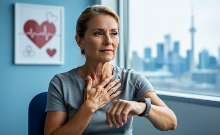 Canadian woman in a clinic room resting her hand on her chest while looking at a wearable fitness device, representing heart health awareness for women.