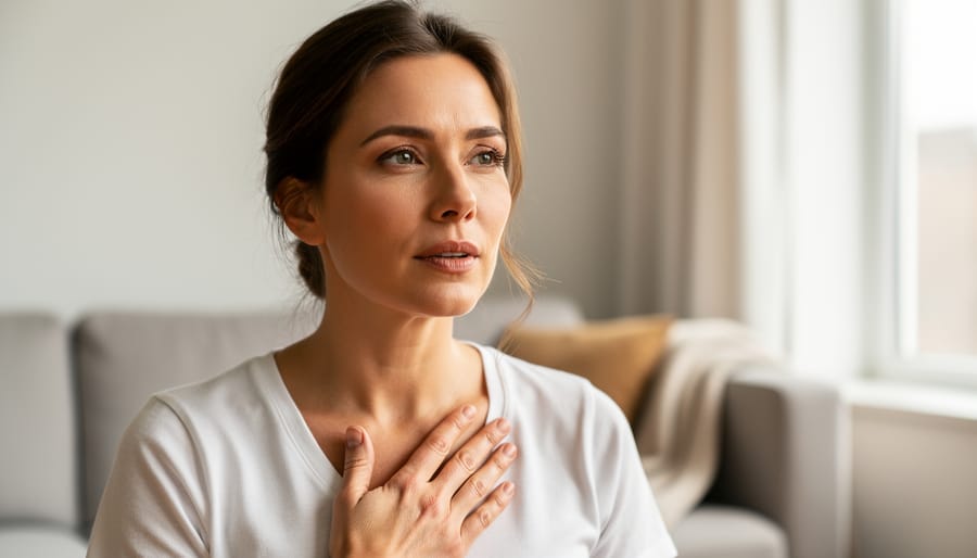 A woman resting her hand on her chest in a home setting, suggesting attention to heart health.