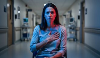 Woman sitting upright in a hospital corridor with her hand over her chest, lit by soft blue and red emergency lights, symbolizing cardiac survival and resilience.