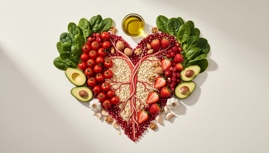 Food ingredients arranged into a heart shape on a slate plate, symbolizing heart health.