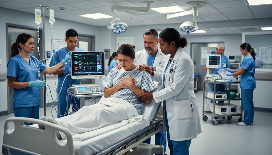 Woman seated in an emergency room with a companion holding her hand while medical equipment is nearby.