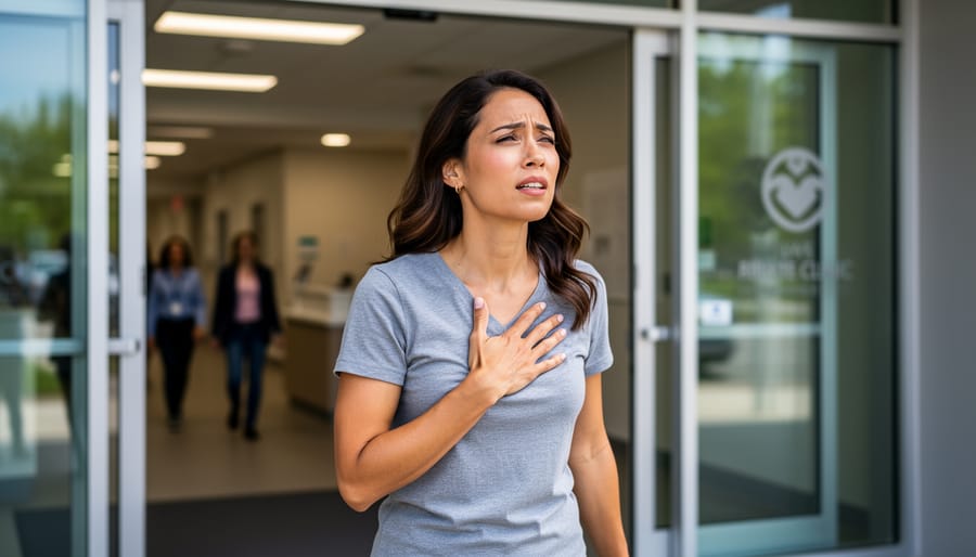 Woman standing near a clinic entrance with her hand pressed to her chest, looking concerned.