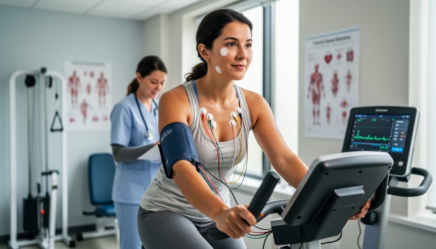 Woman walking on a treadmill during cardiac rehabilitation in a sunlit gym.