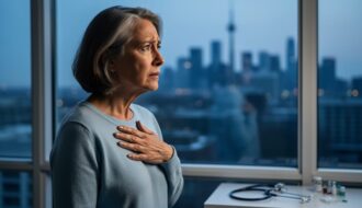 Woman in her early 50s standing near a window with her hand on her chest, representing women’s cardiovascular health awareness.