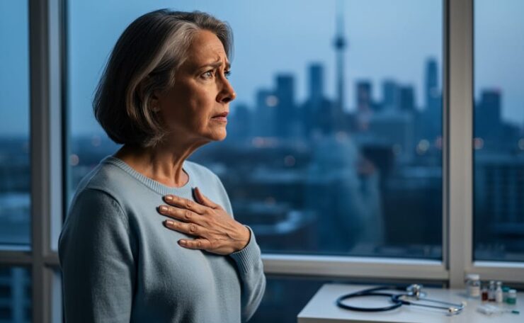 Woman in her early 50s standing near a window with her hand on her chest, representing women’s cardiovascular health awareness.