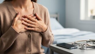 Woman with her hand over her upper chest, with a stethoscope and smartphone on a bedside table, suggesting heart disease warning signs and self-advocacy.