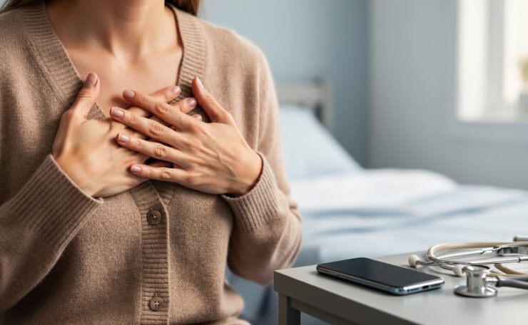 Woman with her hand over her upper chest, with a stethoscope and smartphone on a bedside table, suggesting heart disease warning signs and self-advocacy.
