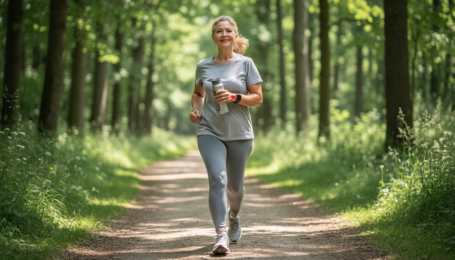 Woman briskly walking along a park path during golden hour, representing lifestyle habits to support cardiovascular health in perimenopause.