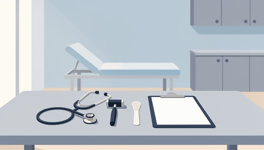 Stethoscope and medical folder on a clinic chair in a softly lit medical setting.