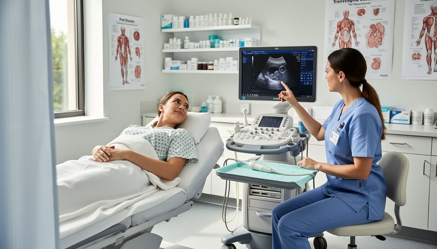 Woman seated in a clinic exam room while a sonographer prepares for an ultrasound