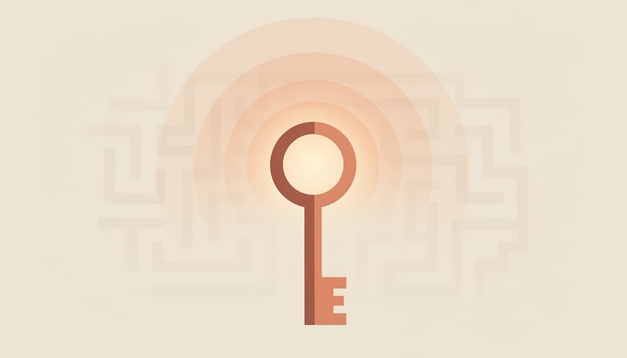 Macro close-up of a small key held in hands with warm light glowing on its surface.