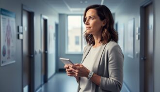 Woman in a clinic hallway holding a small notepad and medical wristband, representing preparation for endometriosis diagnosis.
