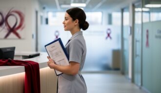 “Woman holding medical documents at a modern clinic reception desk with subtle red awareness accents, representing endometriosis support and updated care in 2026.”