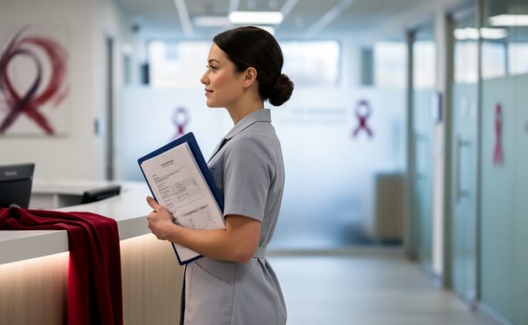 “Woman holding medical documents at a modern clinic reception desk with subtle red awareness accents, representing endometriosis support and updated care in 2026.”