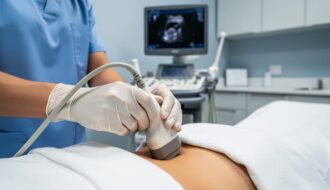 Clinician performing a transvaginal ultrasound exam in a modern women’s health clinic, with the ultrasound probe in focus and medical equipment in the background.