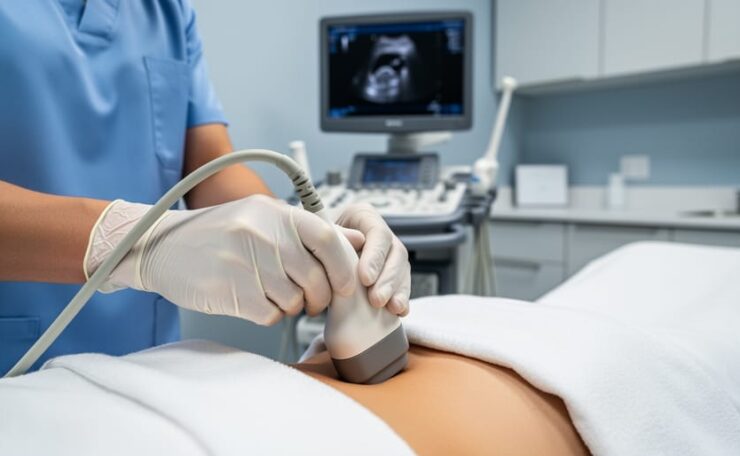 Clinician performing a transvaginal ultrasound exam in a modern women’s health clinic, with the ultrasound probe in focus and medical equipment in the background.