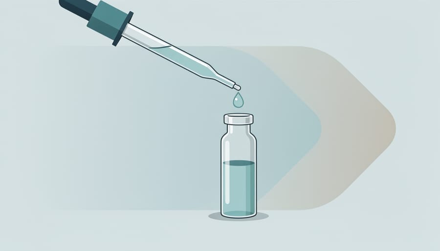Close-up of a glowing lab vial and pipette on a dark laboratory surface without visible labels.