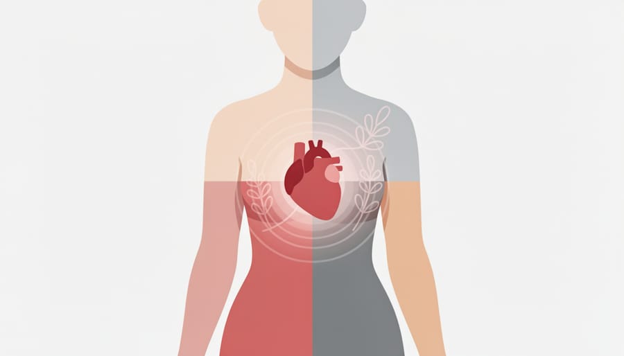 Close-up of hands gently resting over the chest area, symbolizing heart health awareness during perimenopause.