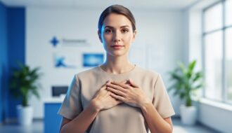Woman standing calmly with her hand over her chest, symbolizing awareness of cardiovascular health and women’s heart risk.