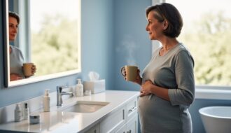 “Woman in her early 40s standing near a bathroom mirror holding a warm mug, suggesting perimenopause transition and self-care.”