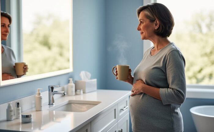 “Woman in her early 40s standing near a bathroom mirror holding a warm mug, suggesting perimenopause transition and self-care.”
