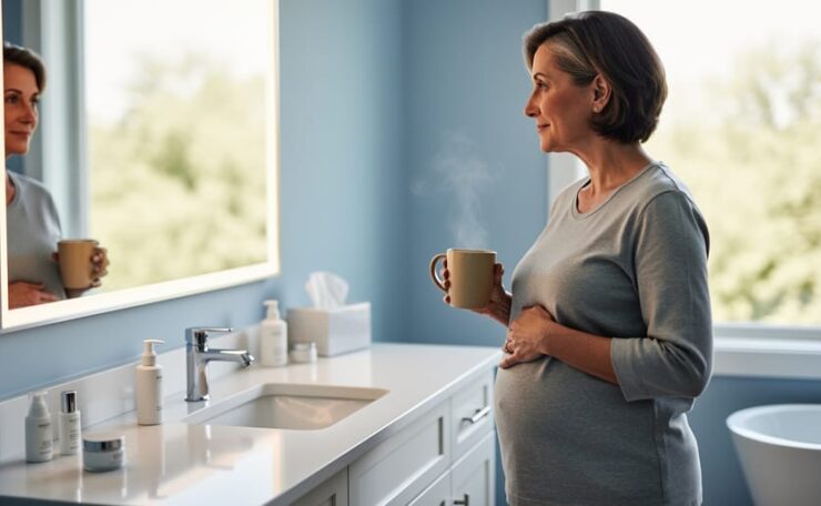 “Woman in her early 40s standing near a bathroom mirror holding a warm mug, suggesting perimenopause transition and self-care.”