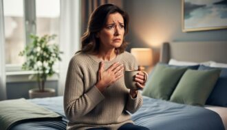 A mid-40s woman sitting near a window with one hand on her chest, holding a warm mug, with soft bedroom lighting suggesting perimenopause symptoms and heart-focused wellness.