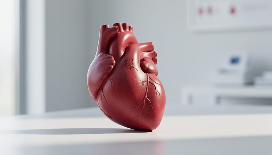 Close view of a sculpted heart model on a neutral tabletop with soft medical elements in the background.