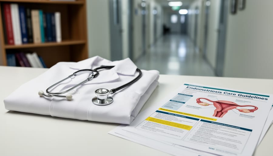 Stethoscope on a white lab coat over a clinical table with a softly blurred medical background.
