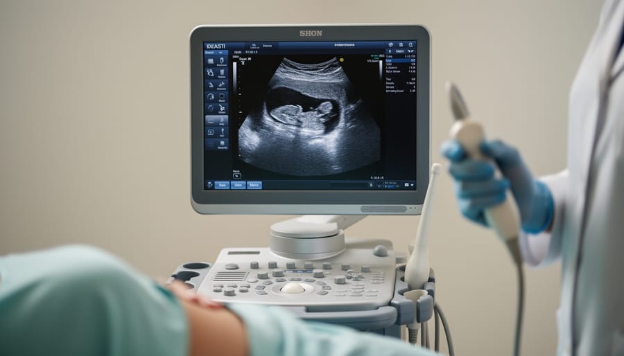 Ultrasound monitor and clinic room scene with blurred grayscale imaging, representing limitations of ultrasound detection