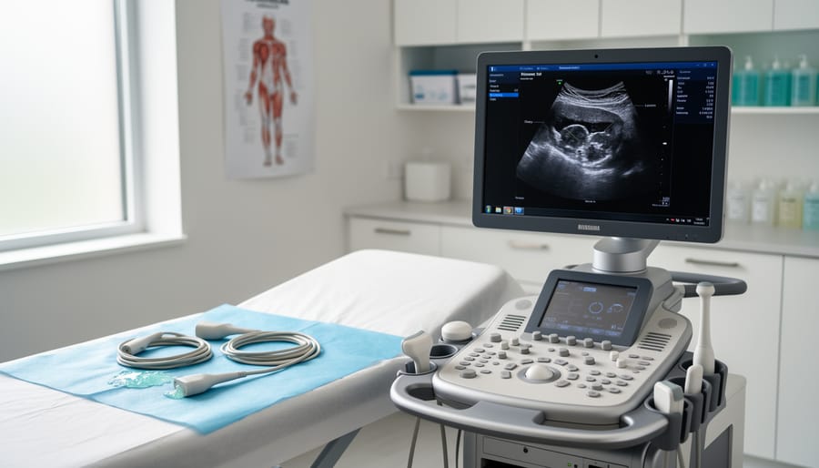 Ultrasound probe and gel on a sterile drape in a clinical exam room.
