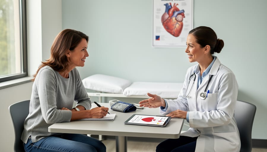Woman speaking with a clinician in an exam room while holding a clipboard, representing advocating for heart health.