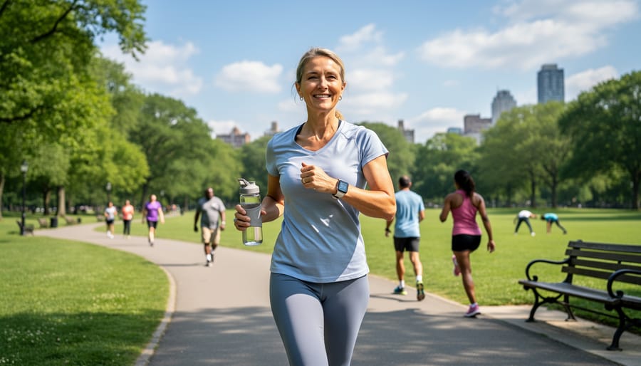Woman briskly walking or jogging on an indoor track at golden hour light, representing heart-healthy activity.