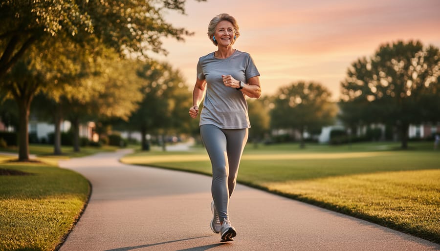 Woman in her 50s walking briskly along a park path in golden-hour sunlight, viewed from behind.