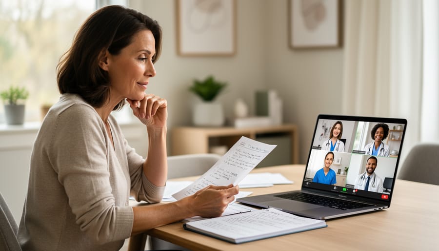 Woman holding a journal in a clinic waiting room, ready to discuss health concerns with a provider.