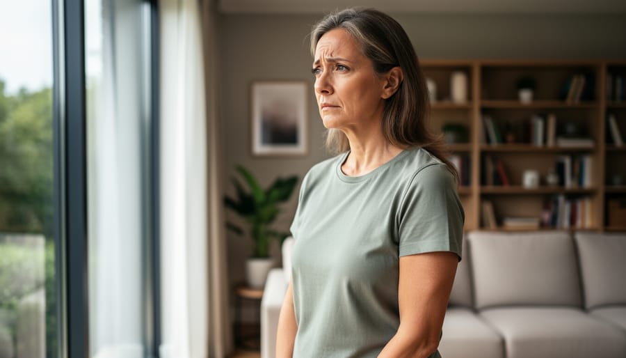 Woman in her late 40s holding a notepad and water by a window, looking thoughtful as she considers health changes.