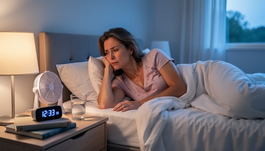 Woman in her late 40s sitting on the edge of a bed holding a warm water bottle, suggesting fatigue and sleep disruption during perimenopause.