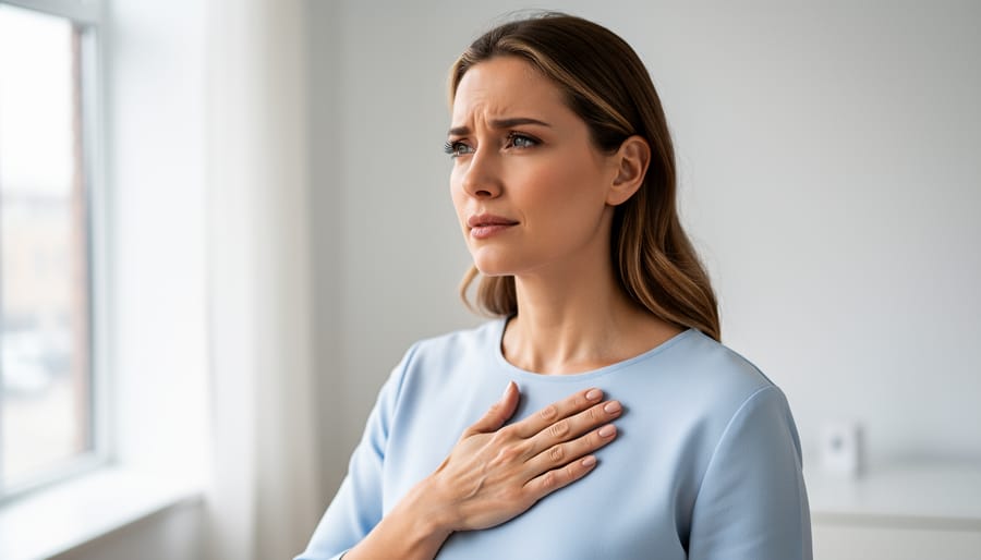 Woman sitting in a bright kitchen with her hand over her chest, representing women’s heart health awareness.